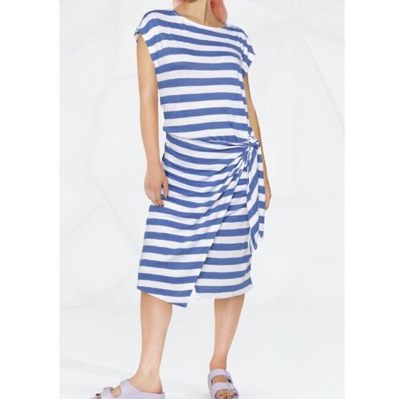 Polo Ralph Lauren Wrap Dress Medium Blue LInen Short Sleeve Stripe Ties
